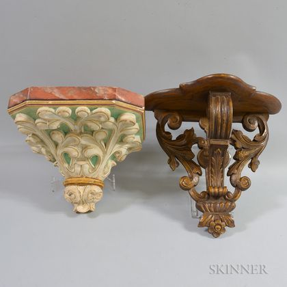 Carved Wooden Wall Bracket and Polychrome Chalkware Wall Bracket