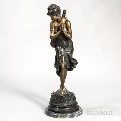 After Auguste Moreau (French, 1855-1919) Bronze Figure of a Maiden with Mandolin