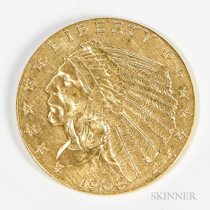 1908 $2.50 Indian Head Gold Coin. Estimate $200-300