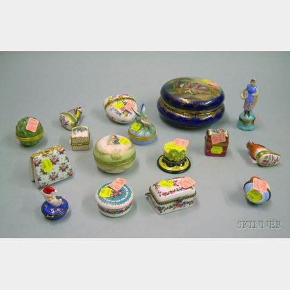 Fifteen Porcelain Trinket Boxes and a Hand-painted Genre Scene Decorated Porcelain Dresser Box