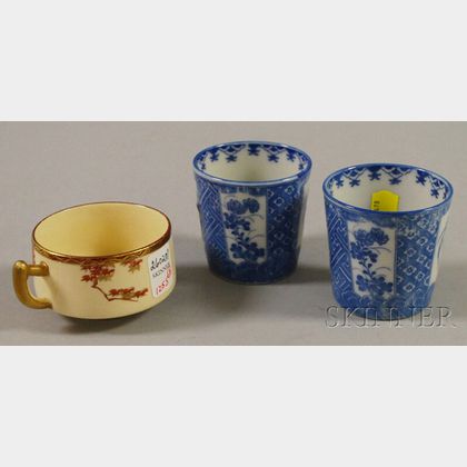 Pair of Japanese Blue and White Transfer-decorated Porcelain Cups and a Satsuma Coffee Cup. 