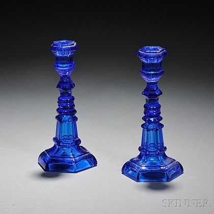 Pair of Blue Pressed Glass Candlesticks