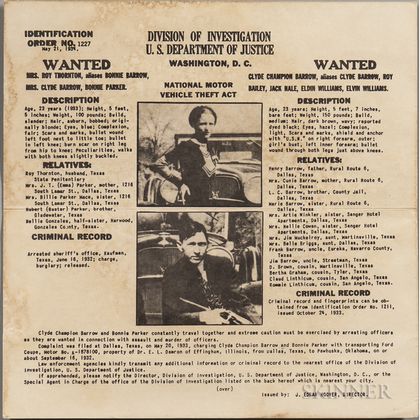 Parker, Bonnie (1910-1934) and Clyde Barrow (1909-1934) Wanted Poster, Division of Investigation, U.S. Department of Justice, May 21, 1