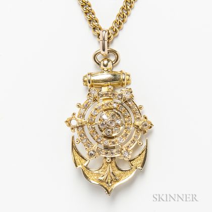 14kt Gold and Diamond Anchor Pendant on an 18kt Gold Chain