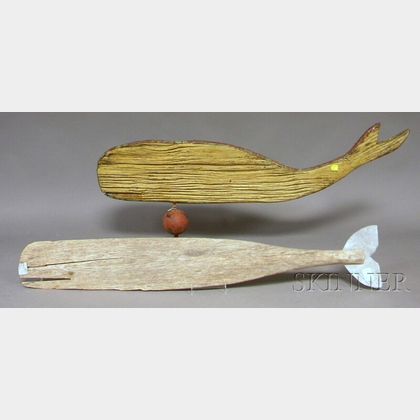 Two Folk Art Wood and Metal Whale Weather Vanes