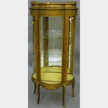 Louis XVI Vernis Martin-style Metal-mounted Hand-painted Floral and Cherub-decorated Gold-finished Wood and Bowed-glass Vitrine