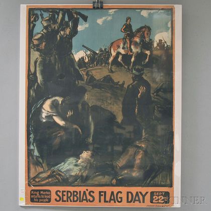 British WWI Lithograph Poster King Marko Returns to Lead His People - Serbia's Flag Day Sept. 22nd