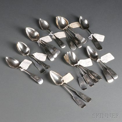 Nineteen Mostly Coin Silver Serving Spoons
