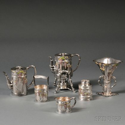 Six-piece Japanese Enameled Silver Tea Service