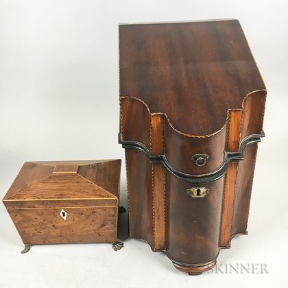 Georgian Inlaid Mahogany Knife Box and a Rosewood Casket-form Tea Caddy
