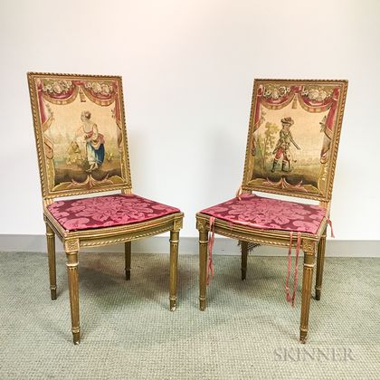 Pair of Louis XVI-style Gilt-gesso and Tapestry-upholstered Side Chairs. Estimate $200-400