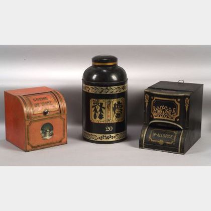 Three Lithographed Tin Tea and Spice Storage Bins