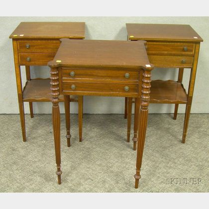 Federal-style Inlaid Mahogany Two-Drawer Work Stand and a Pair of Federal-style Inlaid Work Stands. 