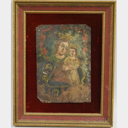 Cuzco School Oil on Tin Portrait of the Madonna and Christ Child