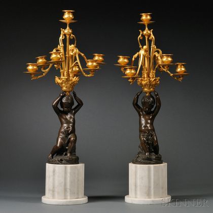 Pair of Neoclassical Seven-light Marble and Parcel-gilt Bronze Figural Candelabra