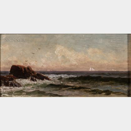Alfred Thompson Bricher (American, 1837-1908) Rocky Shore with Distant Sailboats