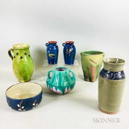 Pair of Torquay Vases and Five Studio Art Pottery Items