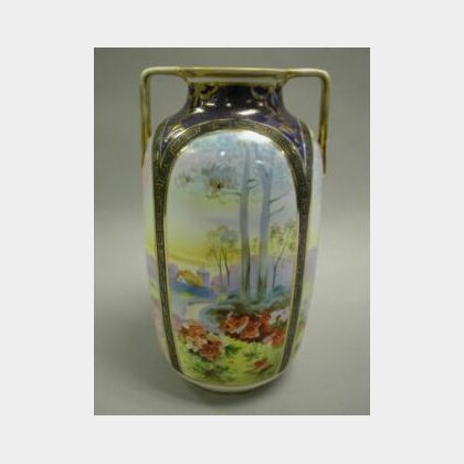 Nippon Handpainted Landscape and Gilt Decorated Porcelain Vase. 