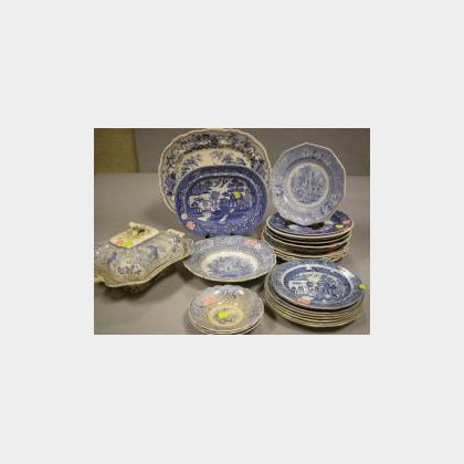 Twenty-seven Pieces of Blue and White Transfer Decorated Ceramic Tableware