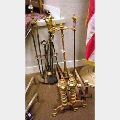 Pair of Brass Ring-turned Andirons, a Pair of Brass Ball-top Andirons, a Cast Iron Tool Stand, and a Brass Tool Stand with Five Assorte