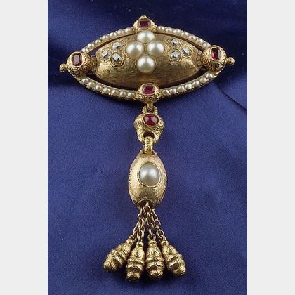 Antique Pearl, Diamond and Ruby Day/Night Brooch