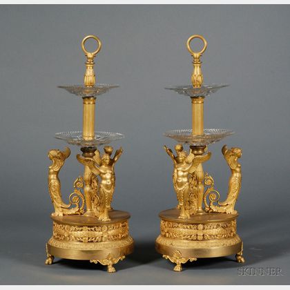Fine Pair of Empire Gilt-bronze and Colorless Cut Glass Two-tiered Servers