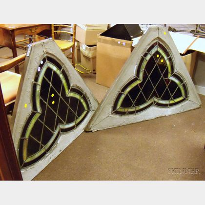 Pair of Victorian Gothic Revival Architectural Trefoil Leaded Glass Windows
