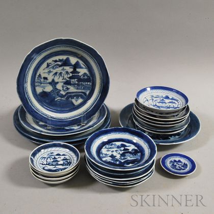 Twenty-three Blue and White Canton Porcelain Plates and Saucers