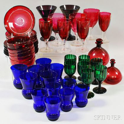 Large Group of Cobalt, Emerald, Amethyst, and Cranberry Glass Tableware Items. Estimate $200-300