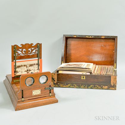 Cased Meagher Walnut Graphoscope, Stereoviews, and Cabinet Cards. Estimate $250-350