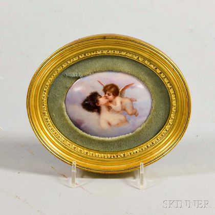 Small Framed Porcelain Portrait Plaque of Cupid and Psyche