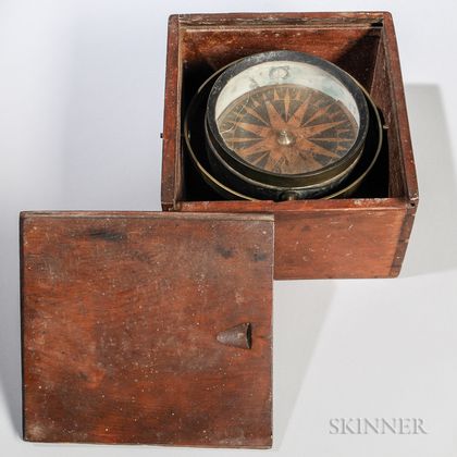 William Davenport Gimbaled Ship's Compass in Slide-lid Box