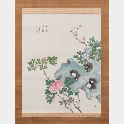 Hanging Scroll Depicting Peonies with Rocks