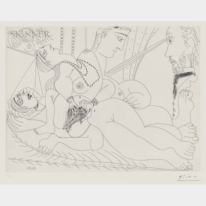 Pablo Picasso (Spanish, 1881-1973) La maison tellier, filles entre elles, Degas sidéré