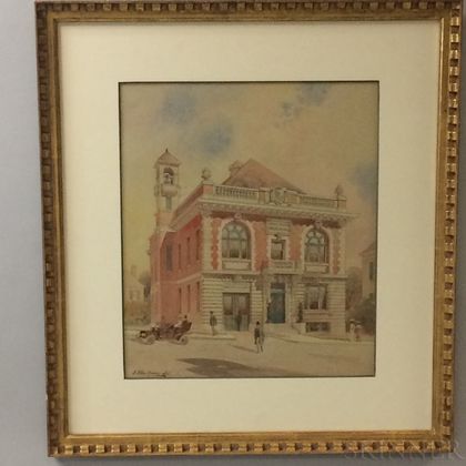 Framed Edward Eldon Deane (Massachusetts, 1851-1919) Ink and Watercolor Portrait of the South River Borough Hall