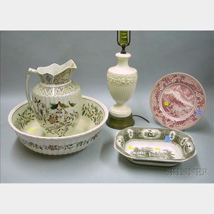 English Transfer Hindostan Pattern Chamber Pitcher and Basin, a Staffordshire Serving Bowl and Plate, and a Wed... 