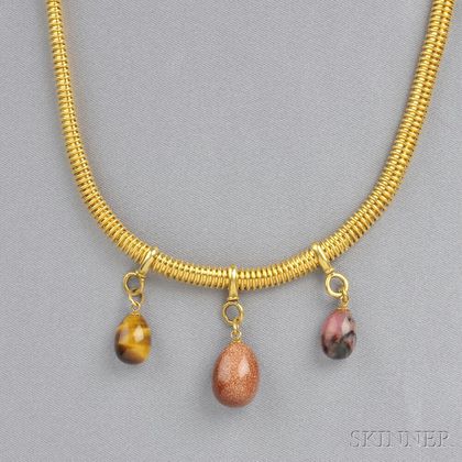 Gold, Hardstone, and Goldstone Glass Fringe Necklace