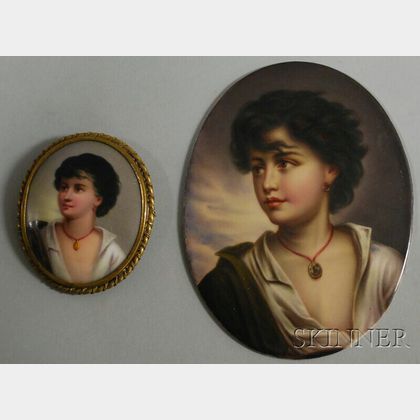 Two Miniature Oval Transfer and Hand-painted Portraits on Porcelain
