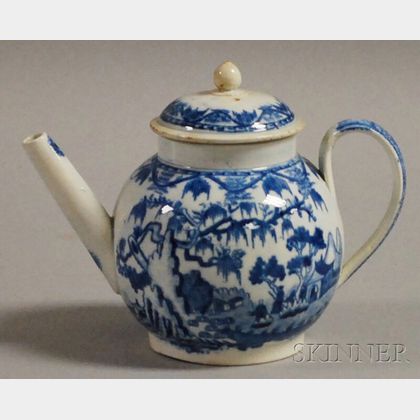 Small English Blue and White Transfer Oriental Scene Decorated Pearlware Teapot