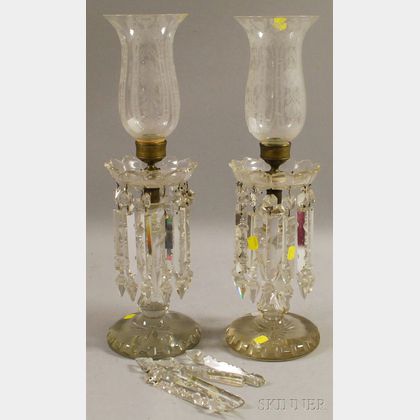 Pair of Colorless Cut Glass Candlestick Garnitures with Etched Glass Shades and Prisms. 