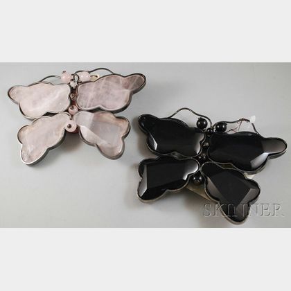 Two Large Armani Stone, Metal, and Leather Butterfly Brooches