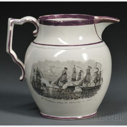 Rare War of 1812 Transfer-decorated Staffordshire Pottery Pitcher