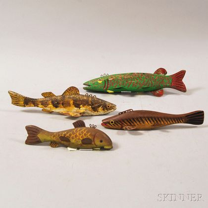 Four Carved and Polychrome-painted Wood and Tin Fishing Lures