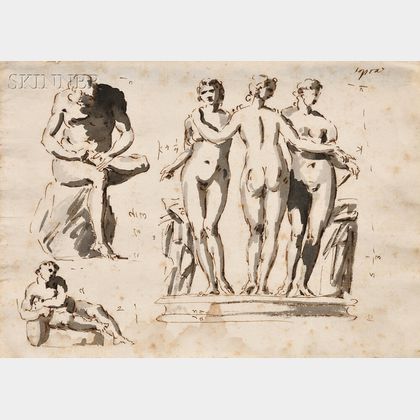 Italian School, Late 18th Century, Page of Figure Studies after Antique Sculpture: Seated Man Removing a Thorn from His Foot, The Three