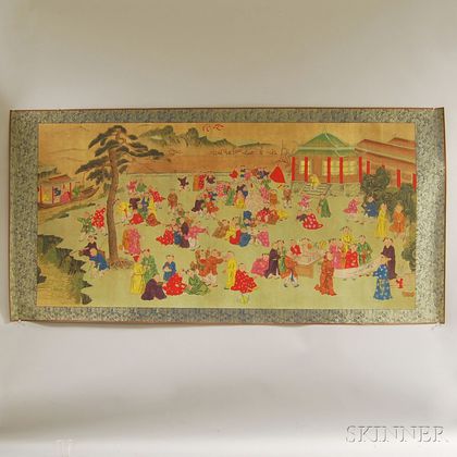 Japanese Scroll Depicting Children Playing in a Square. Estimate $150-250