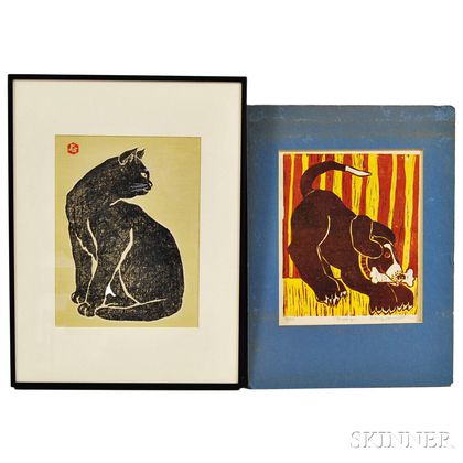 Two Animal Woodblock Prints: Japanese School, 20th Century, Cat