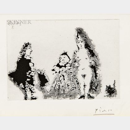 Pablo Picasso (Spanish, 1881-1973) Célestine et fille, avec un chat et un jeune client