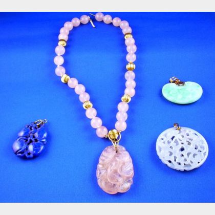 Rose Quartz and Gold Beaded Pendant Necklace and a Three Carved Hardstone Pendants