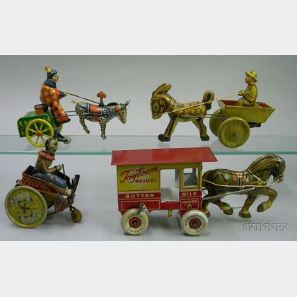 Four Lithographed Tin Clockwork Vehicles
