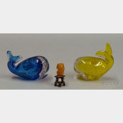 Two Italian Bubble Glass Figures of Whales and a Small Amber Figure of a Child. 